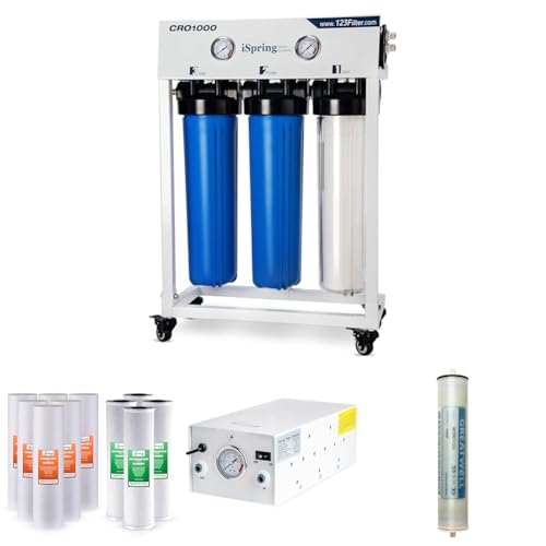 iSpring CRO1000 4-Stage Tankless Commercial Reverse Osmosis Water Filtration System,1000 GPD w/ 1-Year Replacement Cartridge Pack, Water Booster Pump, RO Membrane Replacement Filter