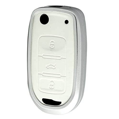 Image of KMH Aluminium Alloy with Leather Car Key Cover Compatible for Volkswagen Polo Vento Jetta Ameo Passat and Skoda Rapid Laura Superb Octavia Fabia Yeti 3 Button Smart Key