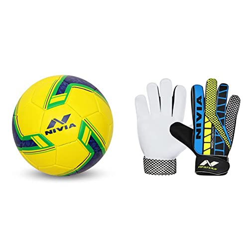 Image of Nivia 1019 Brazil Football, Youth Size 5 (Yellow) Web 898 Latex Goalkeeper Gloves (Multicolour) Combo