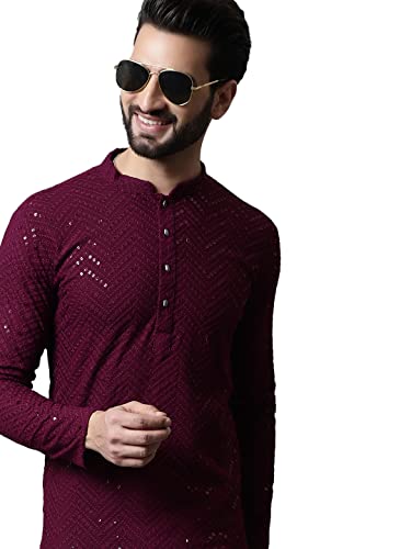 Image of Jompers Men Embroidered Sequinned Kurta with Churidar (Purple, XL)