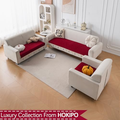 Image of HOKIPO 'Serenity Tassel' Chenille 1 Seater Sofa Cover with Tassel - Crimson Ruby (IN-890-MRN)