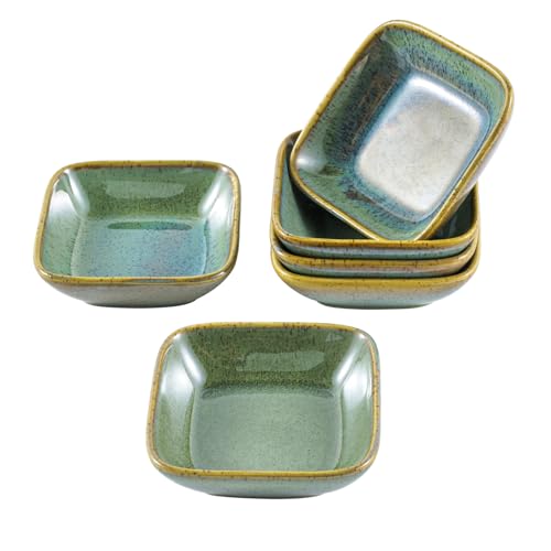 All-Pie Set of 6 Ceramic Sauce Dish (3.5 inch),Small Teabag Holder Dish,Condiment Dishes,Jewelry Holder,Sushi Soy Dipping Bowl,Snack Serving Dishes, Mini Saucer Set (Square Green)