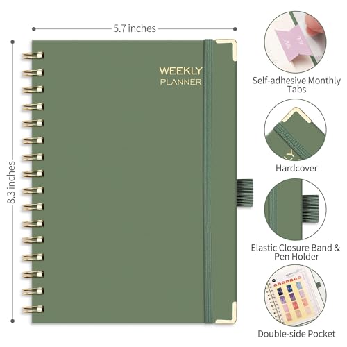 RETTACY Undated Planner, Weekly and Monthly, 53 Weeks and 12 Months, Medium Size (5.7" x 8.3"), 24 Self-adhesive Monthly Tabs, Hardcover, 100 GSM Thick Paper, Spiral-bound (Light Green) - Image 5