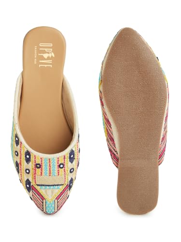 Image of OPIVE's Women's Mojari Jutti Ethnic Punjabi Juttis Traditional Flat Embroidered Canvas Fancy Bellies|Attractive Design PVC Sole for Womens & Girls(of WHITE-38)