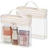 PACKISM TSA Approved Toiletry Bag 2 Pack - Quart Size Clear Makeup Bag with Handle & Dual Metal Zippers, 180° Wide Opening Travel Toiletries Bag, Airport Airline Compliant Security Pouch, Beige