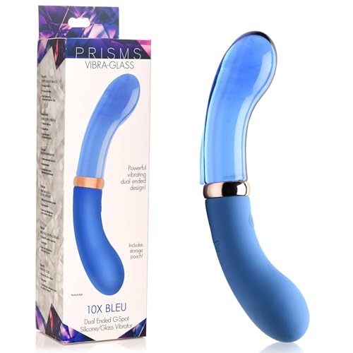 PRISMS Vibra-Glass 10X Bleu Dual Ended Artisan Glass & Premium Silicone G-Spot Vibrator with Bonus Velvet Storage Pouch for Women Men & Couples. Adult Vibration Toy for Clitoral Stimulation. Blue.