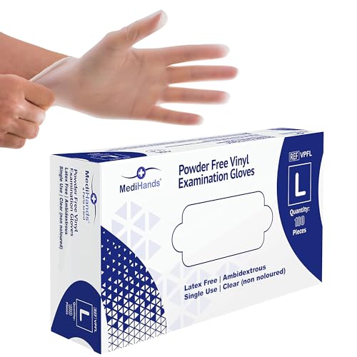 MediHands Vinyl Clear Gloves Large Disposable Surgical Gloves Box of 100 Powder Free Latex Free & Protein Free Medical Gloves Food Multi Use