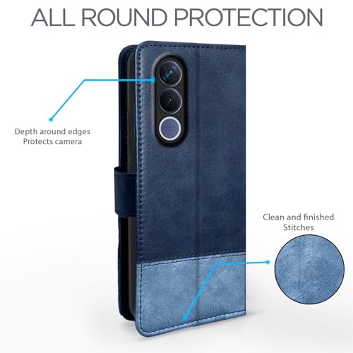 Image of Pikkme Flip Cover for Vivo V70 FE 5G | Dual-Tone PU Leather Finish | Wallet Style & Stand | Magnetic Flip Case (Navy & Light Blue)