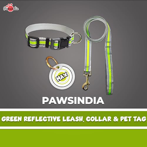 Image of Pawsindia Leash and Collar with Name Tag for Dogs, Reflective Green 0.75 Inche Width Adjustable Collar and 4 Feet Heavy Duty Leash with Customize Nametag