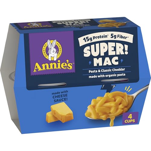 Image of Annie's Super! Mac Classic Cheddar Microwave Cups, 4ct, 11.44 oz | 15g Protein and 5g Fiber Per Serving, Organic Pasta, Microwave Ready in About 2 Minutes