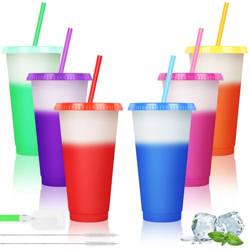 AUAUY Tazza Che Cambiano Colore Bicchieri con Cannuccia e Coperchio, Set di 6 710ML Tazza da Caffè di Ghiacciato Portatile Riutilizzabile Tazze di Plastica Tazza da Frullato per Bambini Adulti Feste