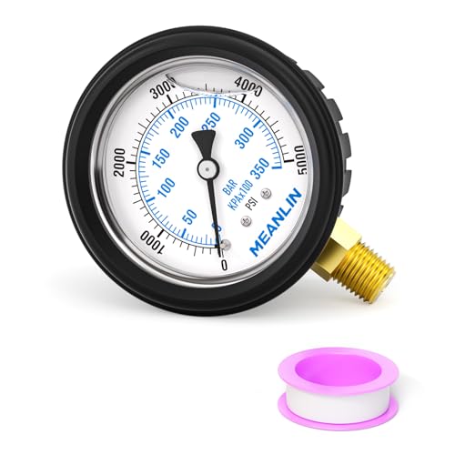 Image of MEANLIN MEASURE 0~5000Psi Stainless Steel Liquid Filled Pressure Gauge 1 /4 inch NPT 2.5 inch FACE DIAL with Rubber Protective Sleeve, Lower Mount