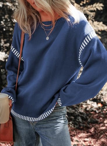 Image of Dokotoo Sweaters for Women Fashion Solid Crewneck Loose Fit Long Sleeve Contrast Cable Knit Pullover Sweater Jumper Tops