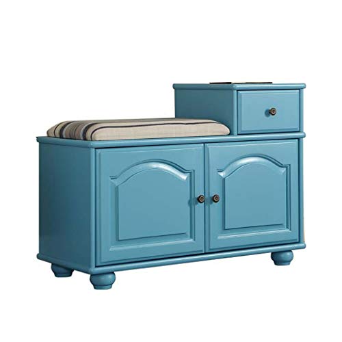 Shoe Bench Cabinet With Cushion,Solid Wood Storage Bench,Double Doors And Drawer Wooden Entryway,2-Tier Vintage Style Shoe Rack With Sponge Cushion (Color : Blue)