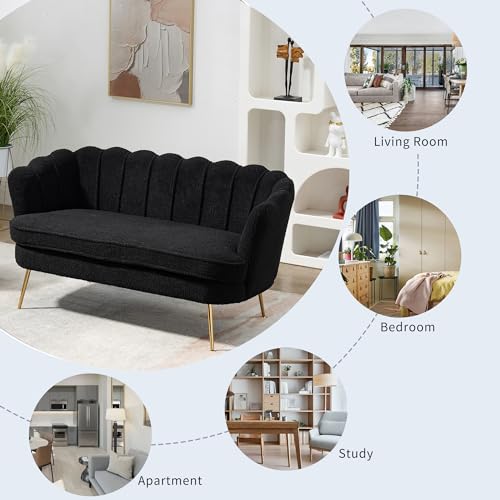Gustonhon 59\" Modern Boucle Loveseat Couch, Small Sofa with Gold Metal Legs,2-Seater Upholstered Mini Sofa Couches for Small Space,Living Room Bedroom Office Dorm Studio Apartment (Black) - Thumbnail 6