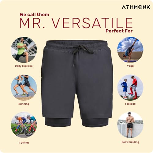 Image of 2in1 Hybrid Workout Shorts for Men and Women - Active Wear Running Shorts Tights for Sports Gym - Hidden Mobile Pocket & Zipper Back Pocket - with Double Inner Compression Liner