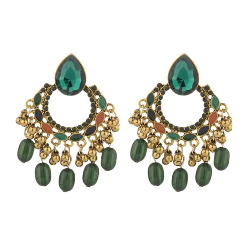 Bollywood Chandelier Statement Tassel Dangle Earrings Antique Gold Enamel Bohemian Rhinestone Beaded Jhumka Drop Dangling Stud Lightweight Vintage Indian Jewelry Holiday Gifts for Women Girls
