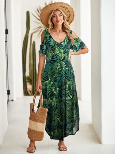 Image of BELAROI Womens Cold Shoulder Maxi Dress Plus Size V Neck Summer Sundresses with Pockets Beach Coverup Vacation Outfits