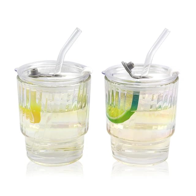 KiKiluxxa Rainbow Shaded Glass Fruit Juice Milk Mug With Lid And Glass Straw - Pack Of 1 (Tronk Rainbow 1, 370Ml, Transparent)