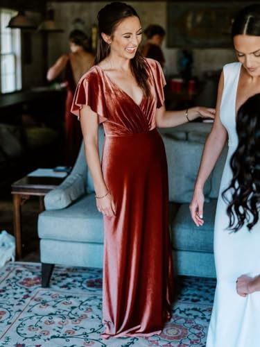 Flutter Sleeve Velvet Bridesmaids Dresses V Neck Women Wedding Long Bridesmaid Dresses for Fall2