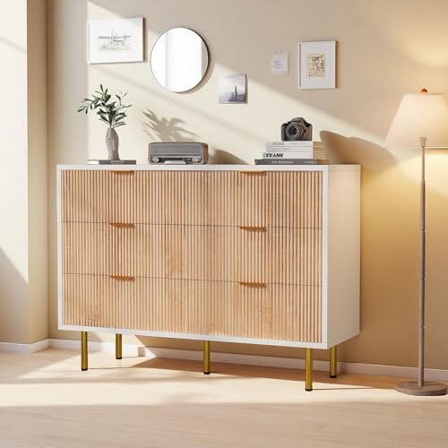 HFASD Cómoda 6 Cajones 100x34x73 cm, Comoda Dormitorio con Asas y Patas de Metal Dorado, Sinfonier para salón, Dormitorio y Entrada, Madera (Color Madera + Blanco)