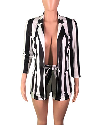 acelyn Women's 2 Piece Outfits - Casual Long Sleeve Striped Blazer Jacket + Shorts Suit Set Clubwear4
