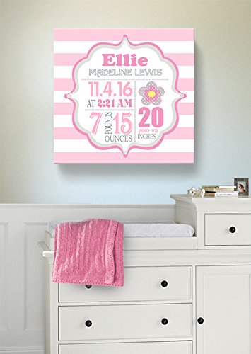 Personalized Stretched Canvas Birth Announcement Gift, Custom Baby Name, Date, Weight Stats, Newborn Flower Nursery Wall Art Decor, Wooden Frame Construction, Ready to Hang 12X12