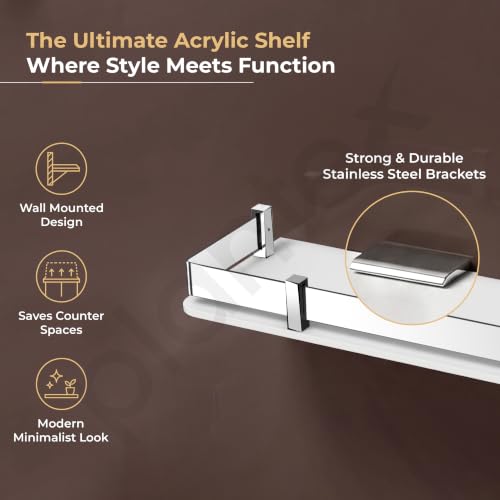 Image of Plantex Acrylic Shelf for Bathroom /Living Room Wall Mounted Shelf with Silver Railings - Bathroom Accessories (White, 18x6 inches)