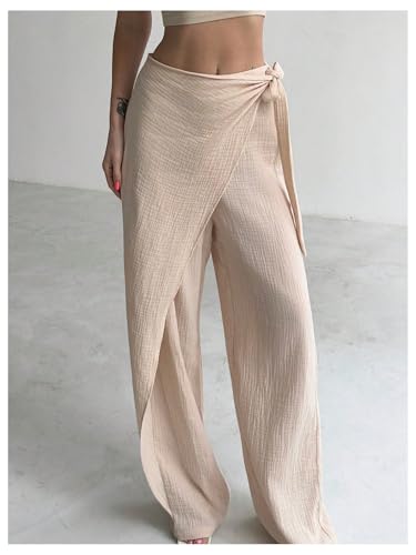 Milumia Women's Side Tie Wrap Front Long Pants High Waist Straight Leg Casual Trousers2