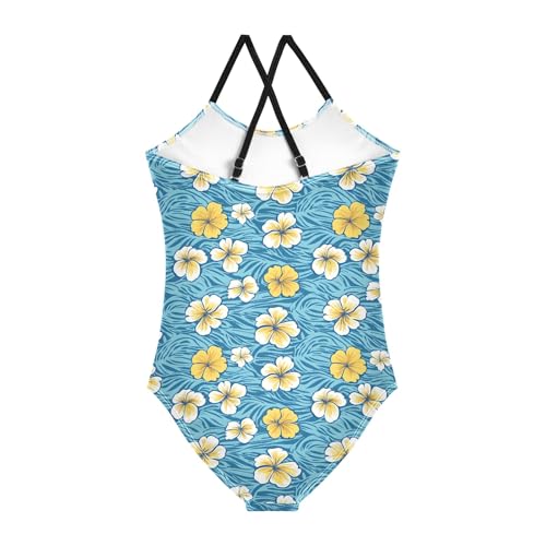 senya Girls Swimsuits One-Piece Swimwear Tie Bathing Suit Beach Summer Round Neck 7-8T Hawaiian Flowers Blue2