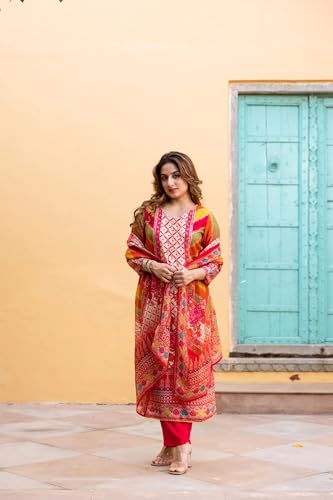 Image of GoSriKi Women's Rayon Viscose Straight Printed Kurta with Pant & Dupatta