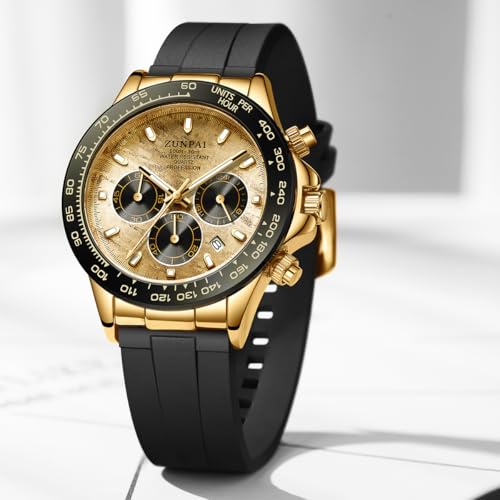 Image of senstone Mens Watch Panda Chronograph Diamond Dial Fashion Quartz Wrist Watch Analog Business Waterproof Rubber Strap Sport Watch for Men