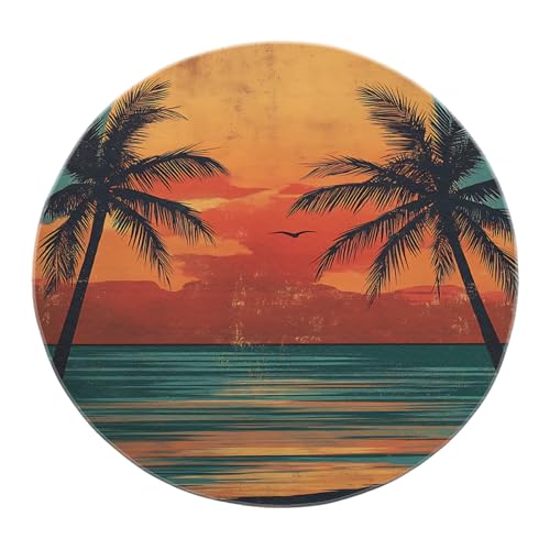 リビングルーム用ラウンドラグ 210 cm トロピカルヤシの木プリントヴィンテージスタイルサークルエリアラグハワイアンビーチウォッシャブル滑り止めベッドサイドデコレーション