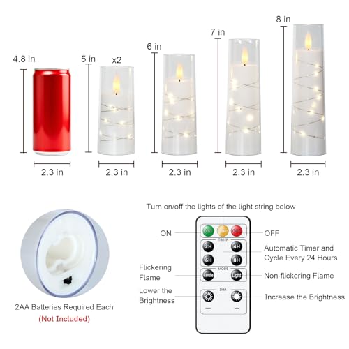 Image of Raycare Flameless Candle with Remote Timer - 5 Flickering Acrylic Battery Operated LED Pillar Candles with Embedded Star String for Christmas, Wedding, Home Decor, and as a Gift(White)