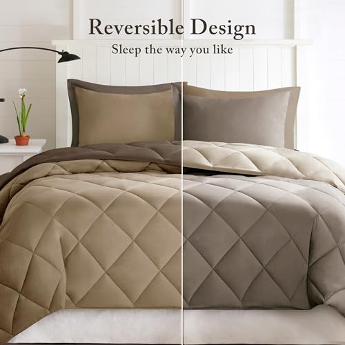 Image of Madison Park Essentials Larksppur Reversible Down Alternative 3M Scotchard Comforter Mini Set, Full / Queen, Brown / Sand