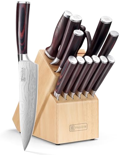 PAUDIN Kitchen Knife Set with Block,14-Piece Knife Block Set & Sharpener, German Stainless Steel Chef Knives, Ergonomic Pakkawood Handle, Professional Kitchen Knife Block Set