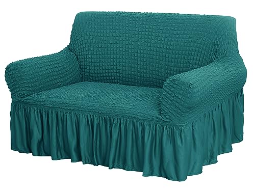 Image of House of Quirk Turkish Bubble Frill 280 GSM Sofa Slipcovers, Durable Washable Universal Double Seater High Elastic Furniture Protector (Teal, 145-185cm)