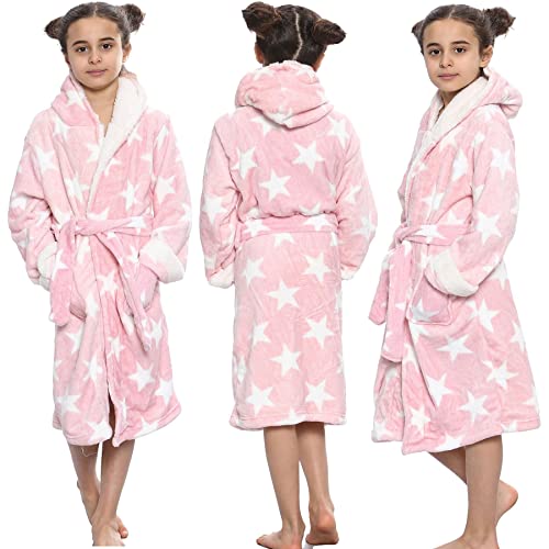Girls Fleece Luxury Sherpa Hooded Dressing Gown Stars Pink Bathrobe Super Soft Robe Gift for Girls Age 7-13 Years4