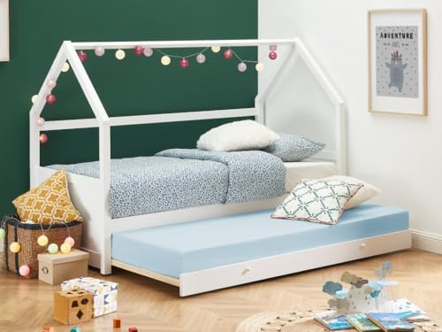 Vente-unique-Cama Nido cabaña 2 x 90 x 190 cm - Pino - Blanco - HURRA