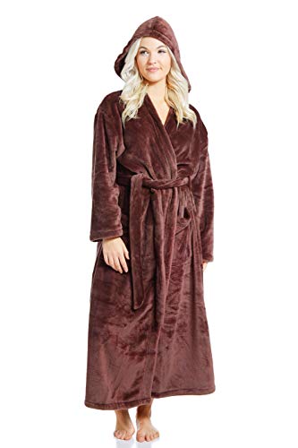Jovannie Womens Long Thick Fleece Robe Warm Waist Belt Super Soft Spa Plush Full Length Bathrobe with Shawl Collar (Brown, L/XL)