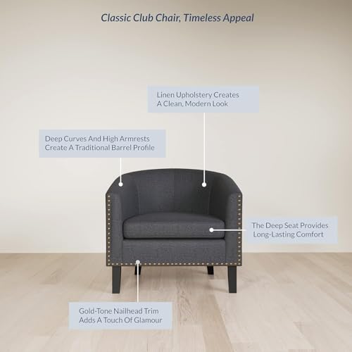 Image of BELLEZE Accent Barrel Chair Set of 2, Modern Tub Club Chair Upholstered Armchair with Gold Nail Head Trim and Black Legs for Living Room Bedroom Apartment Lounge - Gray /Linen