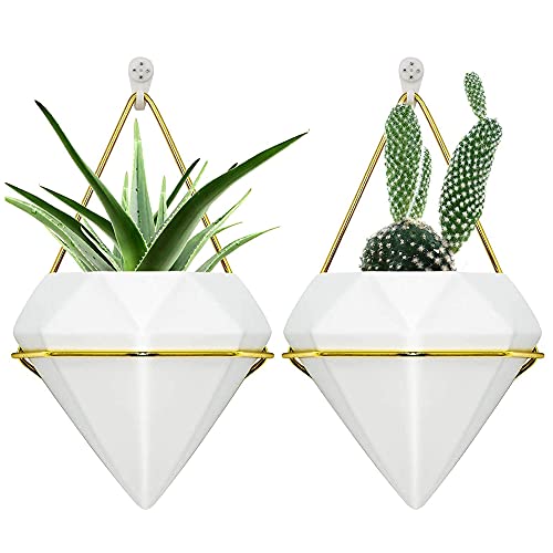 2 Piezas Jardineras Pared Diamantes,Jardinera Cerámica Colgar Pared,Jarrones Pared Geométricos,con Gancho, Apto para Suculentas, Plantas De Aire, Mini Cactus, Plantas Artificiales Cover