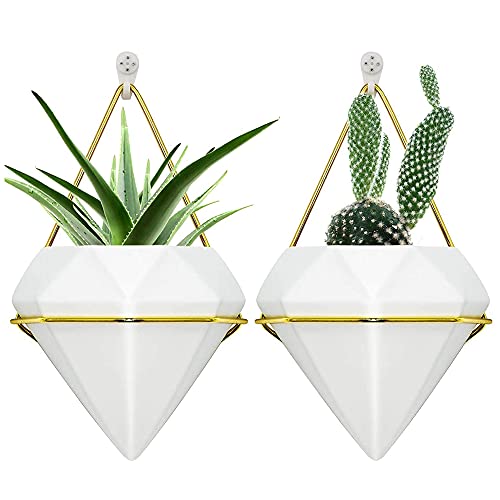 2 Pezzi Vasi Parete Geometrici,Vaso Decorativo Parete Geometrico,Fioriera Ceramica Parete,Vaso Fioriera Sospeso,Con Gancio, Adatto Per Piante Grasse, Piante Aeree, Mini Cactus, Piante Artificiali