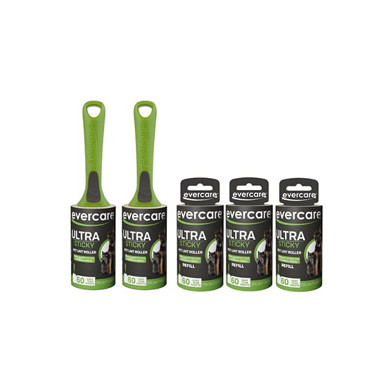 Image of Evercare All Purpose Pet Hair 2 Lint Rollers with 3 Refills, 60 Sheets Each - Manual Reusable Sticky Roller for Pet Hair, Green