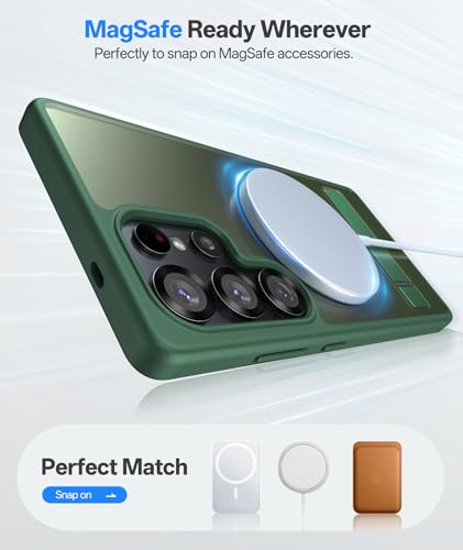 Image of Vihibii PC,Silicone For Samsung Galaxy S25 Ultra Magnetic Back Cover With Kickstand,[Compatible With Magsafe],Rugged Shockproof Protective Back,Translucent Matte Slim Phone Case For 6.9 inch,Green