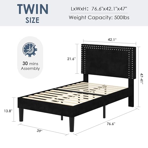 Image of VECELO Twin Size Platform Bed Frame with Height Adjustable Upholstered Headboard, Modern Mattress Foundation,Strong Wood Slat Support, No Box Spring Needed, Easy Assembly,Black