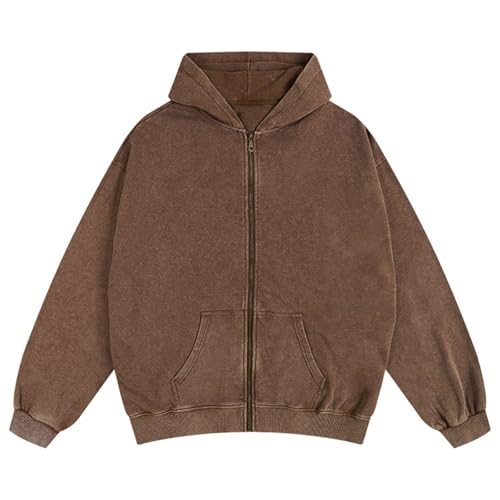 KEEPSHOWING Mens Oversized Sweatshirt Zip Up Hoodie Solid Wash Old Craft Basic Jackets Unisex Heavyweight Casual Sweatshirts(Khaki L)