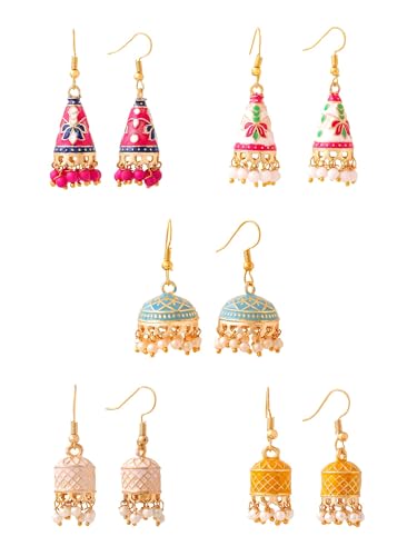 Yellow Chimes Meenakari Jhumka Earrings for Women | Traditional Jhumki Earrings Set for Girls | Combo of 5 Pairs Jhumkas Ethnic Gold Plated Women Earrings | Chic Reverie | Birthday Gift For Girls