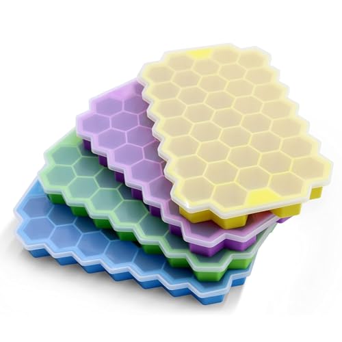 Image of CLOUDVALLEY 4 Pack Silicone Ice Cube Trays with Lids Easy-Release Hexagon Ice Maker for Freezer, Reusable Food-Grade Ice Molds for Cocktail Bar, Whiskey, Iced Coffee & Home Kitchen (Multi Color)