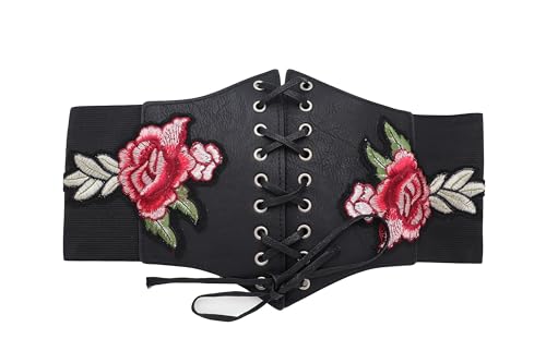 Women Black Fabric Wide Elastic Band Fashion Red Rose Flower Corset Belt High Waist Size S M2